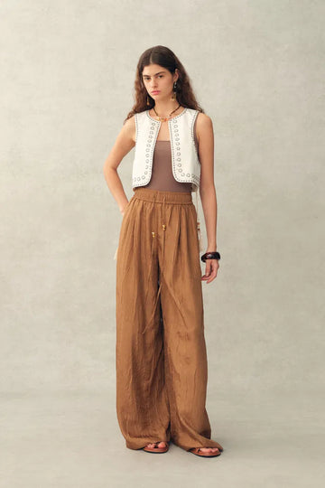 Charlie Boho Mother of Pearl Studded Side Tassel Tie Vest Top in Cotton Denim