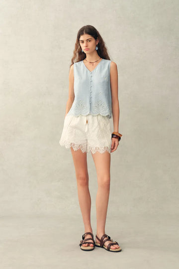 Yori Floral Embroidery V Neck Sleeveless Top in Linen Blend