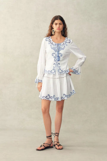 Maggie Embroidery Resort Wear Tie Front Sheer Shirt and Skirt Set in Cotton Jacquard