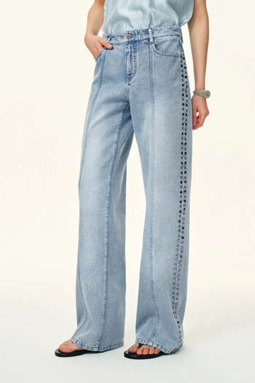 Calli Studded Beading Panel Straight Jeans in in Cotton Denim