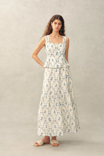 Elara Pleated Floral Square Neck Pearl Button Sleeveless Top and Skirt Set in Linen Blend