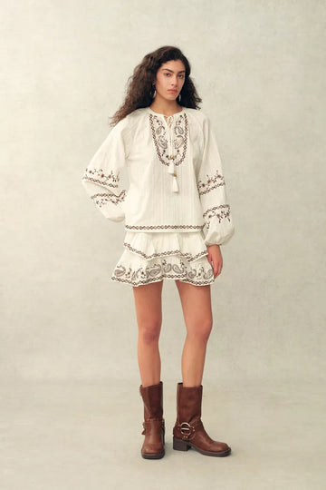 Brioche Beaded Tassel Tie Embroidery Blouse and Skirt Set in Crinkled Cotton