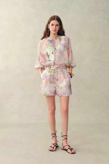 Yori Handpainted Floral Print Sheer Beaded Puff Sleeve Blouse and Shorts Set in Silk Linen Blend