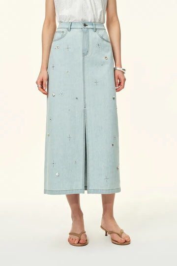 Delia Handwork Beading Midi Skirt in Cotton Denim