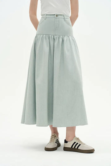 Rose Pleated Denim Skirt in Summer Denim - Light Wash Blue Denim
