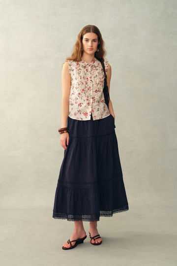 Ursa Hand Painted Floral Sleeveless Top in Silk Cotton Blend