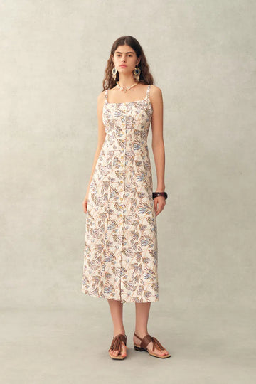 Scarlett Handpainted Waterlily Square Neck Fitted Sleeveless Dress in Cotton