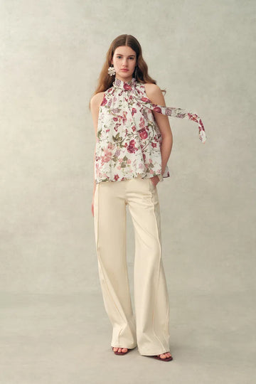 Pernilla Pomegranate Floral Print Tie Neck Blouse in Stretch Silk Double Crepe