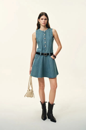 Lisa Lower Waist Belted Sleeveless Dress in Washed Cotton Denim