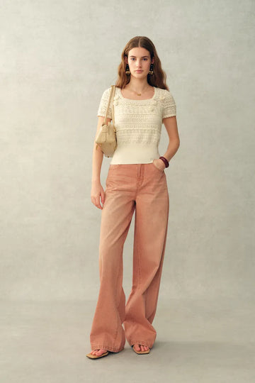 Leyla 3D Floral Square-Neck Top in Cotton Denim Knit