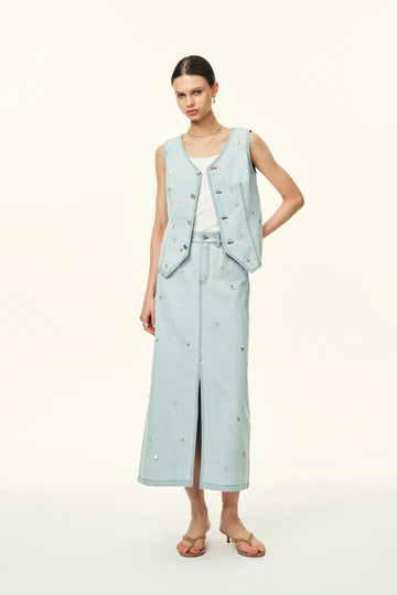 Jean Handwork Bead Denim Vest Top in Cotton Denim