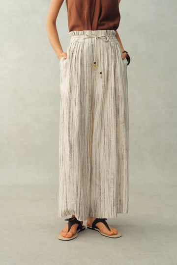 Cleo Drawstring Casual Striped Culottes in Linen
