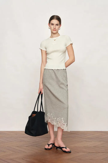 Linnea White Ruffled Sculpted T-shirt in Cotton and Wool Knit