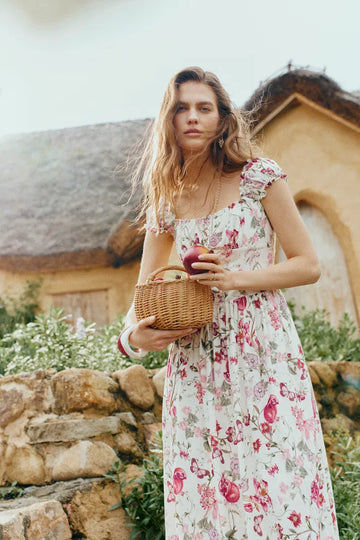 Rosalina Smocked Pomegranate Print Strap Dress in Linen Blend