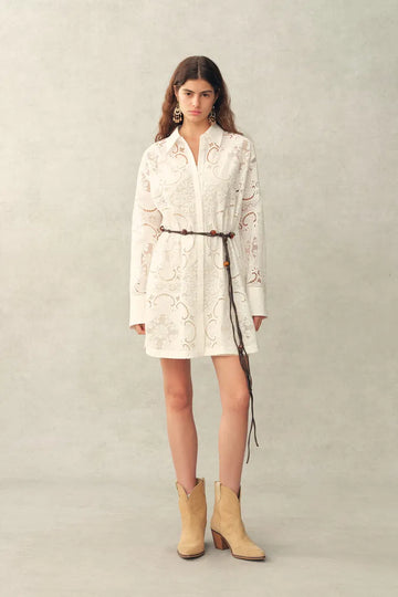 Eliana Cutwork Embroidery Longline Cover Up Long Sleeves Shirt in 100% Cotton with Lace