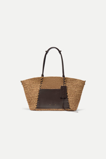 Brera Beach Tote Large Bag with Mirror in Handwoven and Top-Grain Leather Patchwork