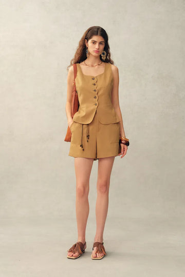 Suzane Handwork Stitched Scalloped Trim Sleeveless Top and Shorts Set in Linen Blend Suiting