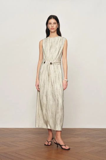 Felicia Handwork Draping Textured Stripe Sleeveless Dress in Linen Blend