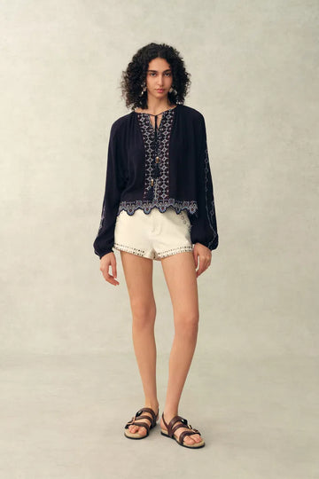 Blair Boho Embroidered  Sheer Lace Puff Sleeve Blouse in Crinkled Georgette