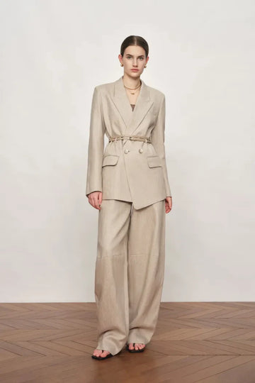 Charlie Deconstructed Asymmetric Double-Belt Blazer and Pants in Cotton Linen