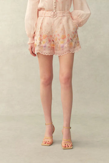Lillian Handpainted Floral Embroidery Belted Shorts in Silk Linen Organza