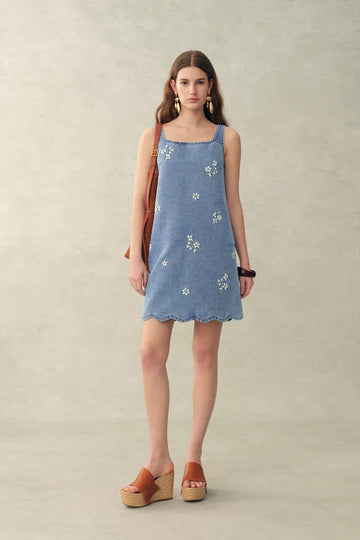 Lulia Floral Embroidery Square Neck Sleeveless Dress in Lightweight Denim