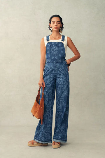 Hazel Laser-Print Paisley Denim Overalls in Cotton Denim