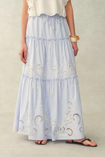 Bree Striped Embroidered Drawstring Tiered Skirt in Crinkled Cotton