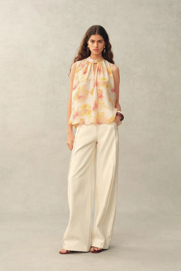 Charlotte Handpainted Floral Neck Tie Sleeveless Blouse in Silk Double Crepe