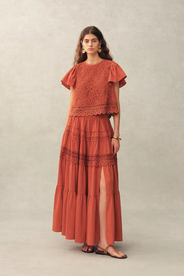 Kalia Lace Embroidery Pleated Cap Sleeve Top and Maxi Slit Skirt Set in Cotton Jacquard