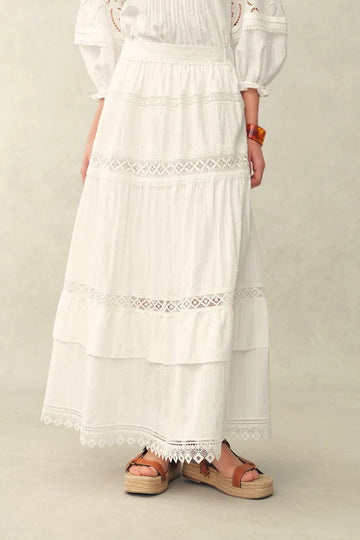Iris Mix Embroidery Lace Patchwork Maxi Skirt in Cotton Jacquard