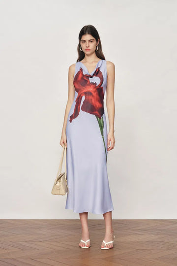 Cersei Iris Print Cowl Neck Sleeveless Dress in Soft Satin