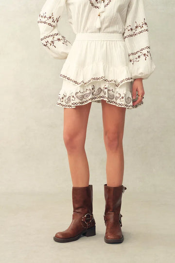 Brioche Paisley Embroidery Skirt in Crinkled Cotton