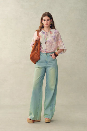 Yori Handpainted Floral Print Sheer Beaded Puff Sleeve Blouse in Silk Linen Blend