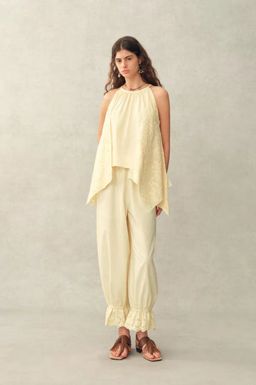 Hazel Lace Panel Halterneck Sleeveless Top and Pants Set in Silk Cotton Blend