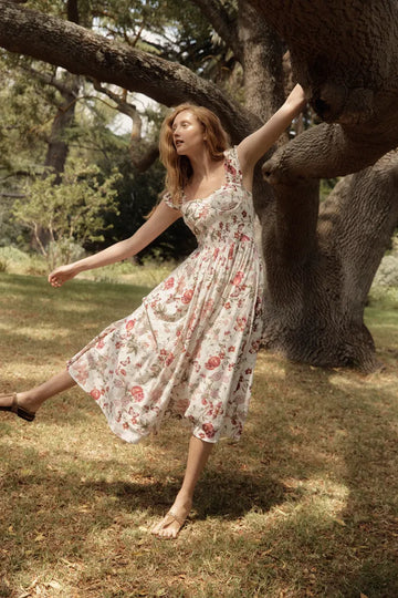 Ria Smocked Pomegranate Print Strap Dress with Built-In Cups in Linen Blend