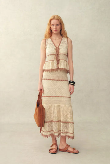 Malia Colorblock Sleeveless V Neck Top & Skirt Knit Set in Linen Crochet