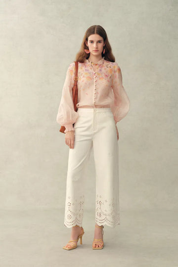 Lillian Handpainted Floral Embroidery Sheer Ombré Print Blouse in Silk Linen Organza