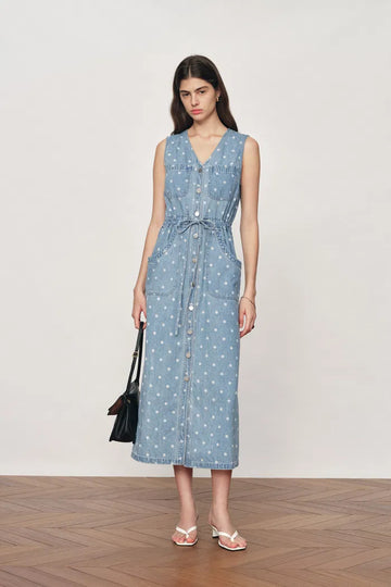 June Faded Polka-Dot Drawstring Waist Sleeveless Dress in Lightweight Cotton Denim