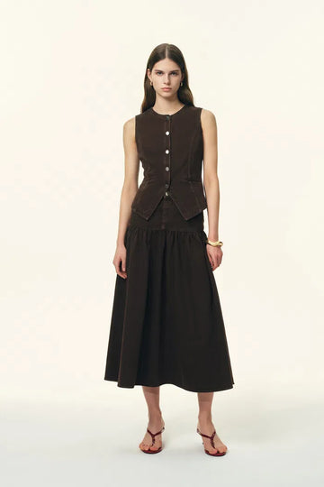 Elodie Fitted Round Neck Sleeveless Vest Top and Skirt Matching Set in Thin Denim