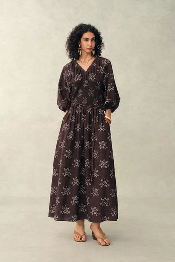 Cleo Smocked Handpainted Floral Puff Sleeve Midi Dress in Cotton