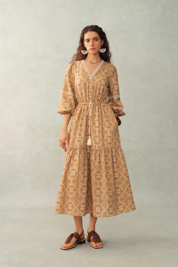 Sierra V Neck Lantern Sleeve Maxi Dress in Burnout Floral Fabric