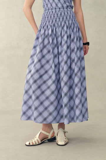 Crystal Smocked A Line Plaid Skirt in Stretch Bubble Cotton