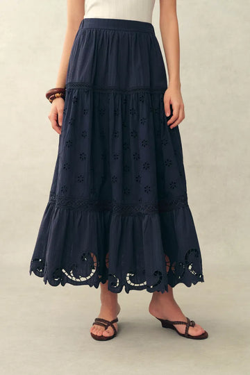 Blue Ivy Cutwork Embroidery Maxi Skirt in Cotton Jacquard with Lace
