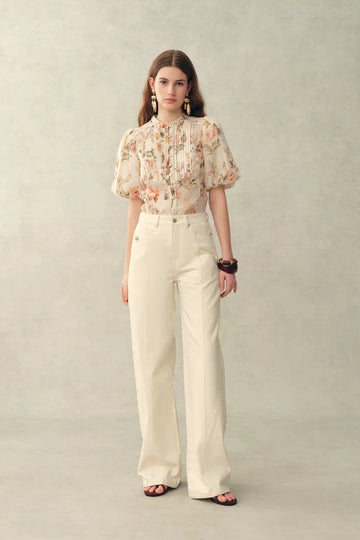 Floris Floral Print Sheer Lace Top in Silk Linen Blend