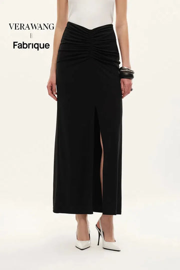 Siren Ruched Slit Midi Skirt in Four Way Stretch Fabric