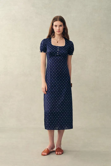 Carole French Style Polka Dot Squre Neck Puff Sleeve Dress in Silk Satin Blend