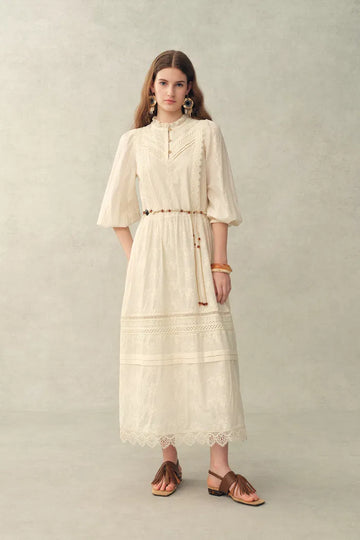 Lyra Embroidery Beaded Waist Puff Sleeve Dress in Cotton Jacquard with Lace