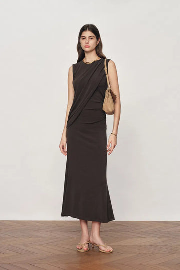 Raina Asymmetric Draped Sleeveless Fitted Dress in Cotton Modal Knit