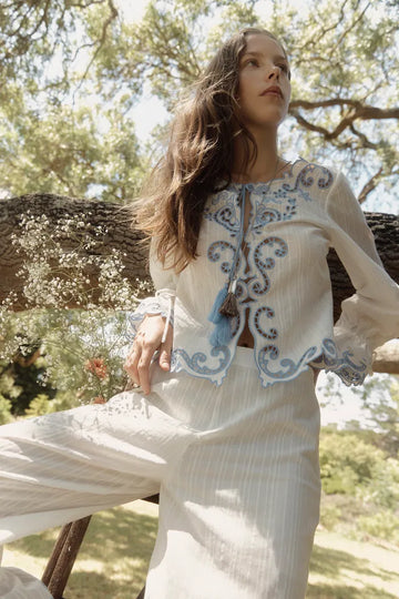 Maggie Embroidery Resort Wear Tie Front Sheer Shirt in Cotton Jacquard